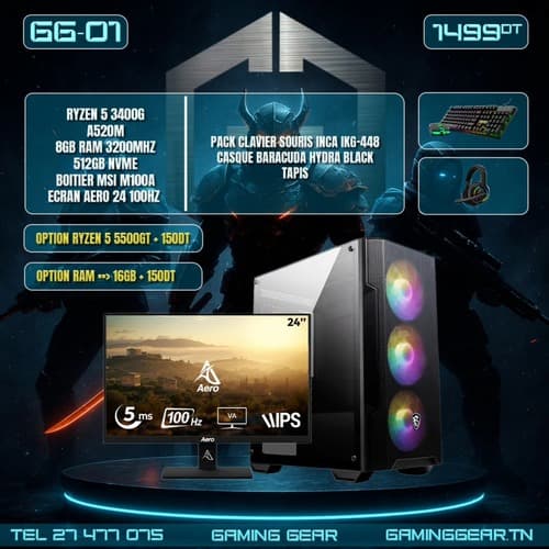 Full Setup | Ryzen 5 3400G | 8GB RAM 3200MHz | 512GB NVMe | AERO 24 100Hz | Pack Accessoires
